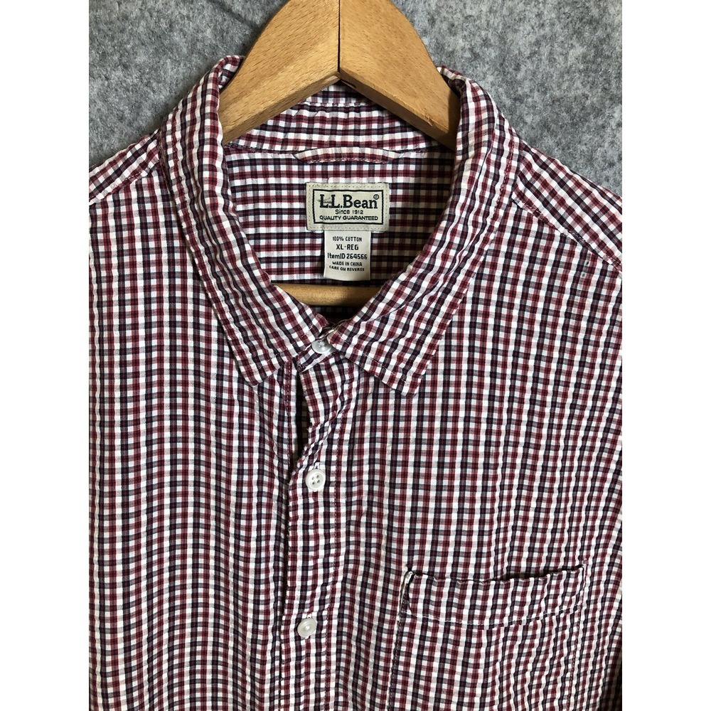 L.L. Bean Shirt Men Large Red Blue Check Seersucker Career Casual Classic